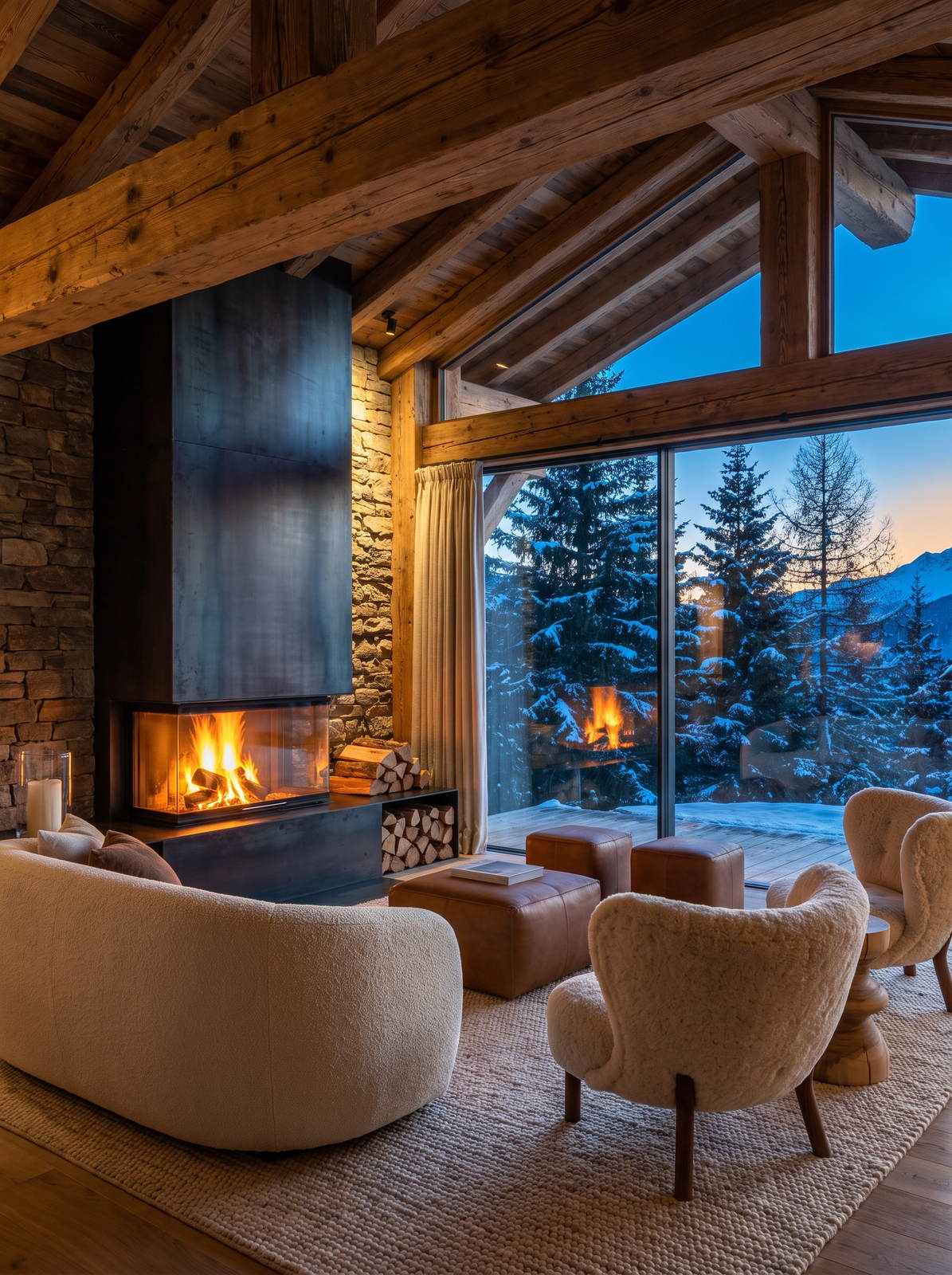 Alpine chalet living room in winter with a fireplace and a wall of glass onto snow-covered pines