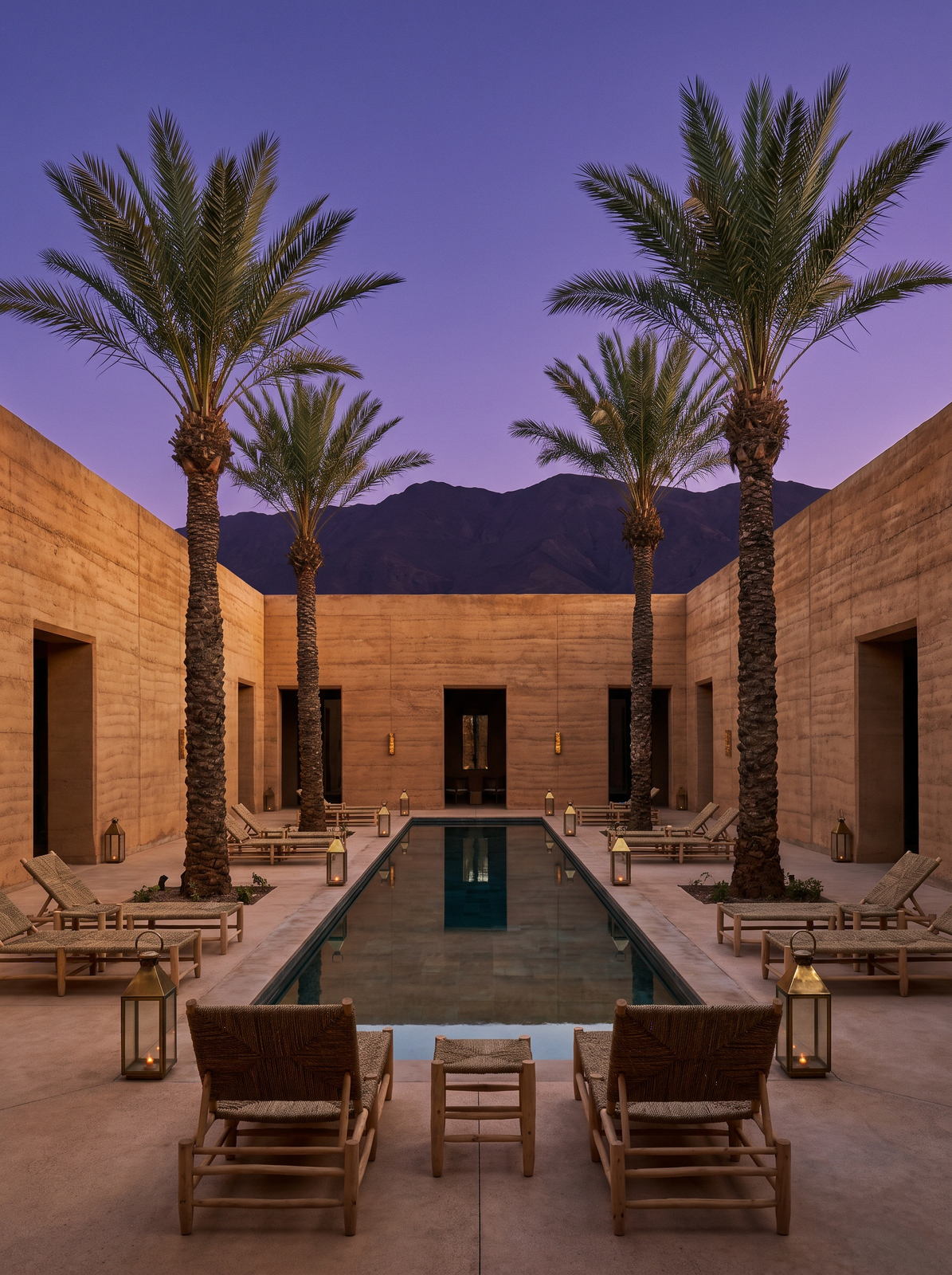 Boutique desert hotel courtyard at dusk with a reflecting pool and date palms