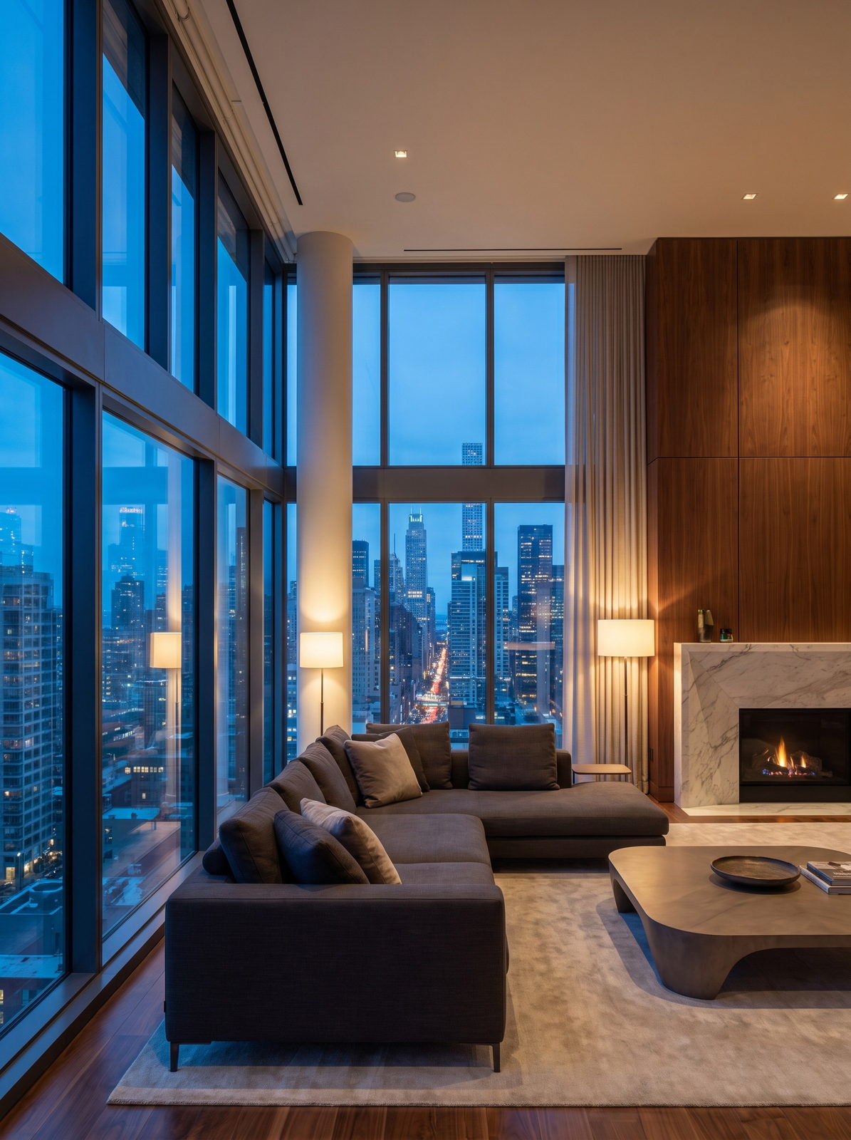 Luxury penthouse living room above a city skyline at blue hour