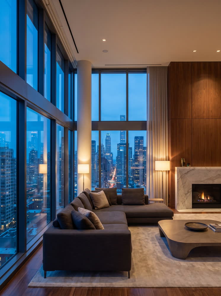A single still photograph of a penthouse living room above a city skyline